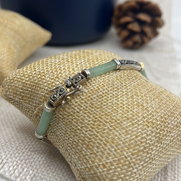 20th Century 925 Sterling Silver Jadeite & Marcasite Link Bracelet - Picture 5 of 9